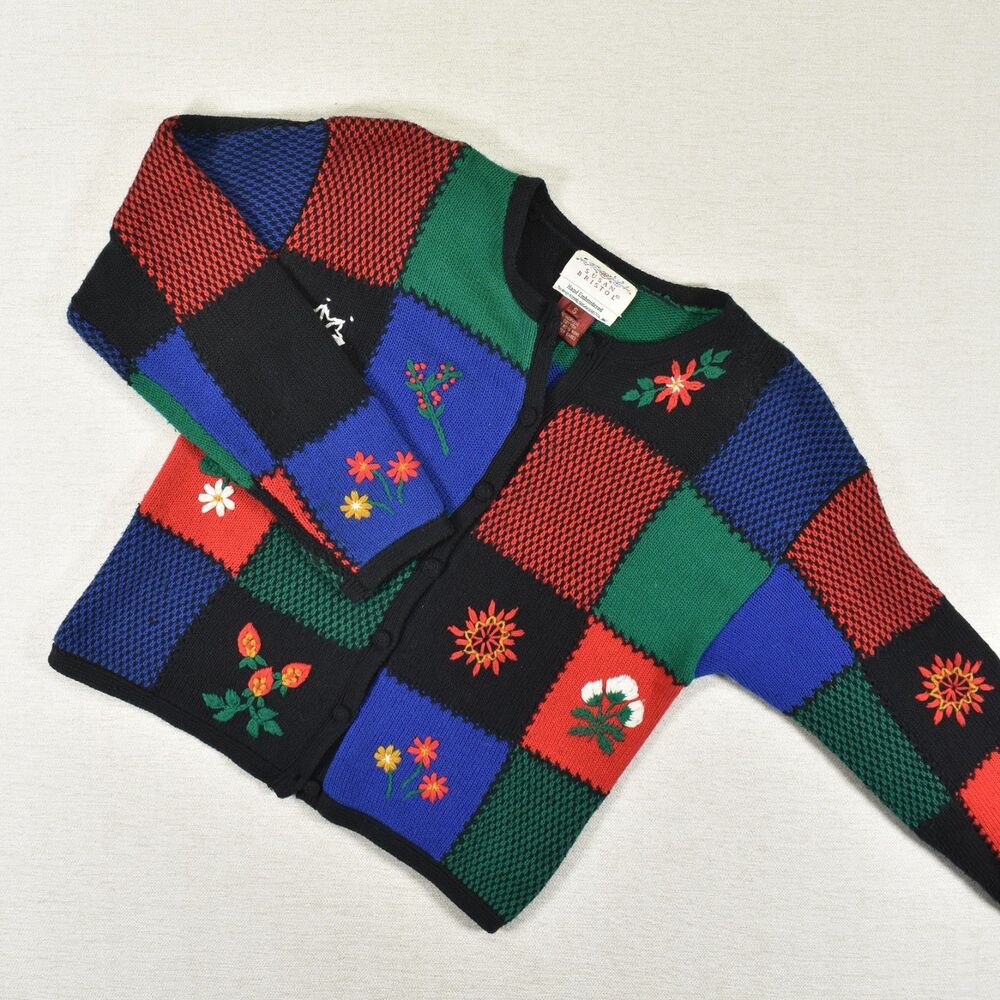 Vintage Susan Bristol Patchwork Cardigan Sweater Embroidered Floral 90s S